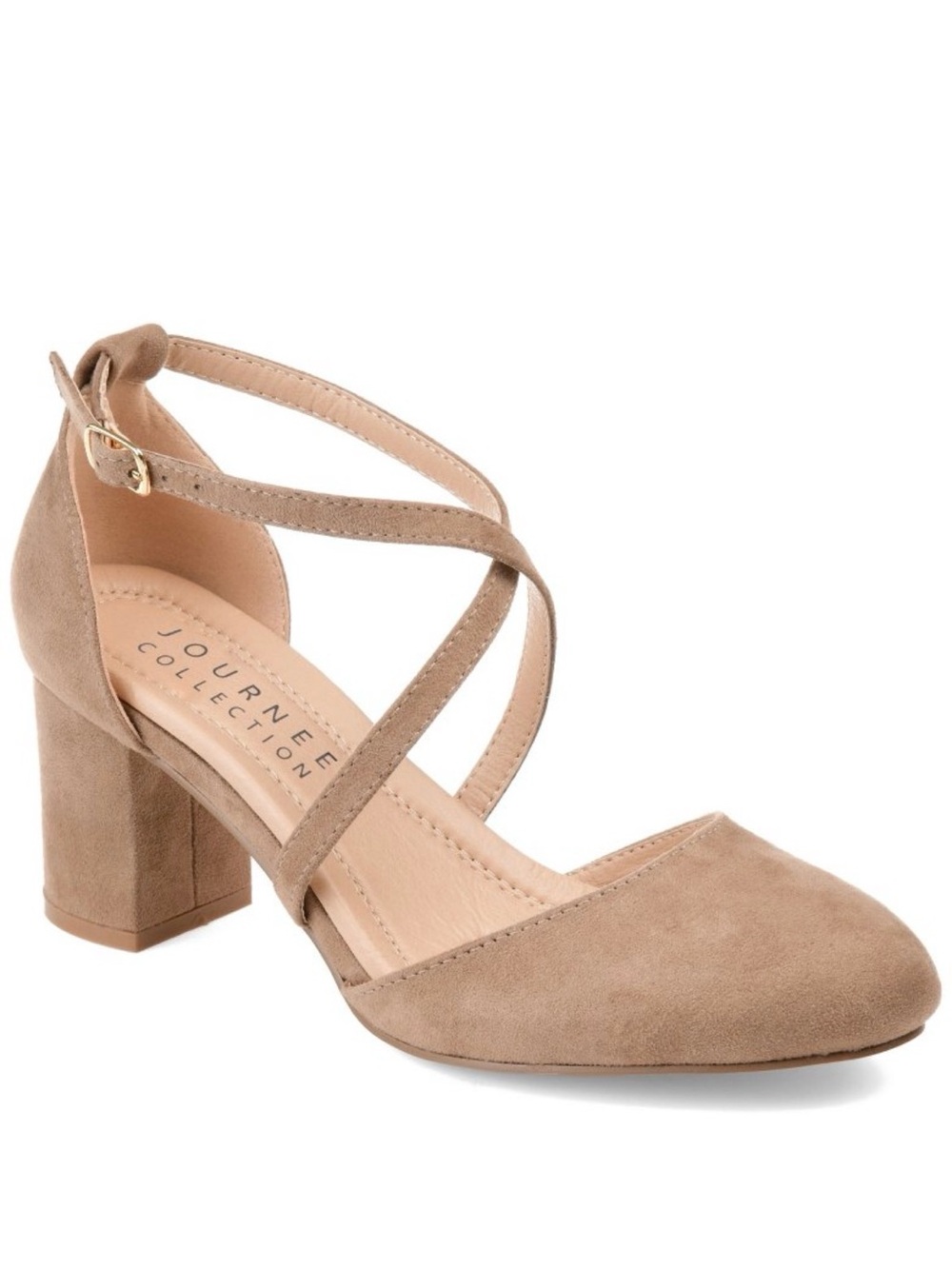 Journee Collection Taupe Cross-Strap Block Heel Pump 7.5